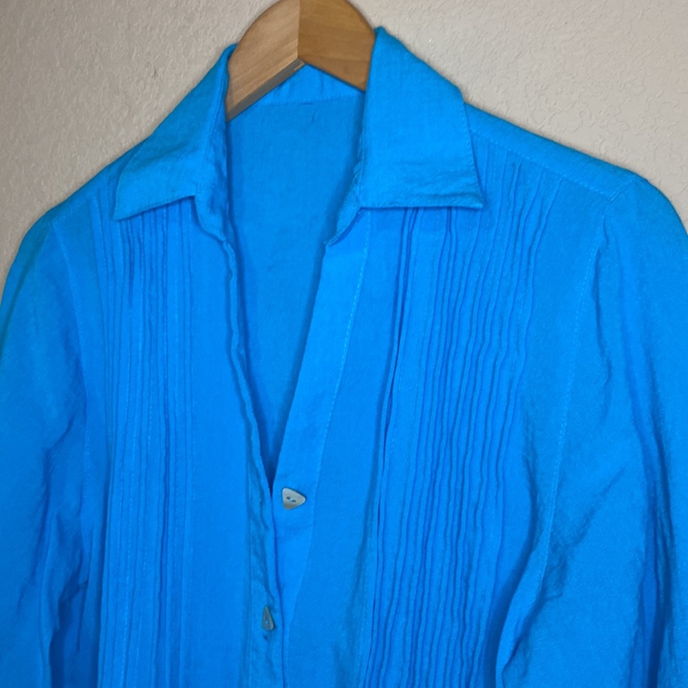 Fridaze 100% Linen Roll Tab Button Up Turquoise S… - image 5